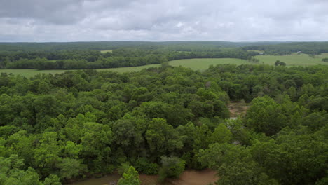 Aerial-trucking-left-over-woods-and-stream-in-the-country-in-Farmington,-Missouri