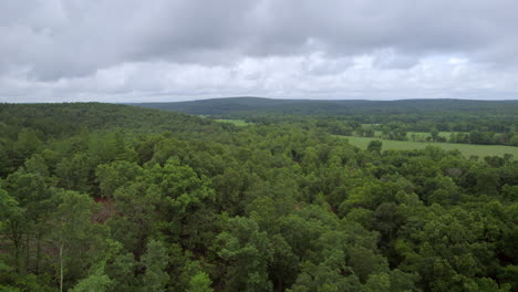 Aerial-with-slow-pan-over-beautiful-southern-Missouri-landscape-on-a-cloudy-summer-day