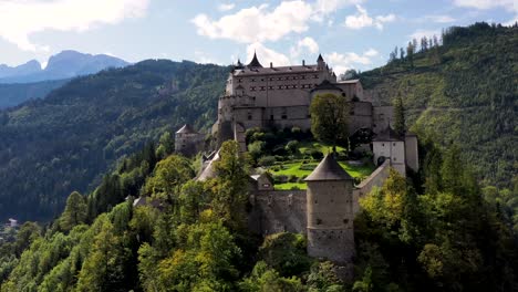 Aerial-view-of-alpine-castle-Werfen-near-Salzburg,-Austrian-Alps,-Austria,-Europe