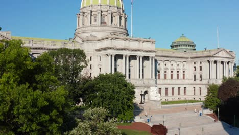 Rising-aerial-reveal-of-PA-State-Capitol-building-in-Harrisburg-Pennsylvania