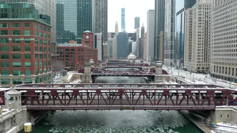 Aerial-View-of-Bridge-Above-Chicago-River---Winter