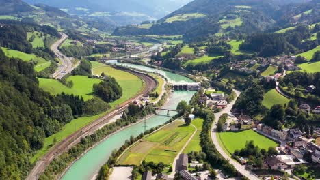 Werfen-town-in-Salzach-valley-with-turquoise-river,-near-Salzburg,-Austrian-Alps,-Austria,-Europe