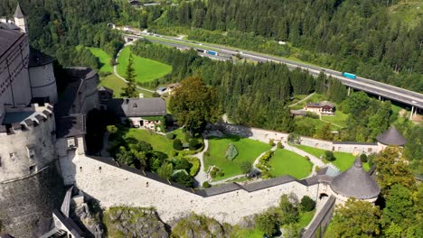 Aerial-view-of-alpine-castle-Werfen-near-Salzburg,-Austrian-Alps,-Austria,-Europe