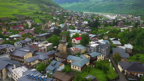 Mestia-township-in-Zemo-Svaneti,-Georgia-Caucasus-Mountains,-4K-aerial-shot