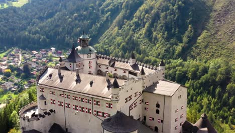 Aerial-footage-of-Hohenwerfen-Castle,-Austria,-Europe