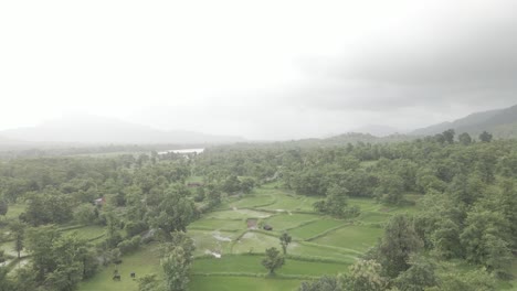 Montañas-Verdes-De-Drones-Y-Campo-De-Arroz-Fam-Bajo-La-Lluvia-En-Manor-Maharashtra-India