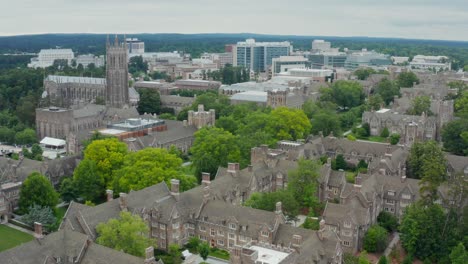Duke-University-aerial-establishing-shot-of-dormitories,-grounds,-campus