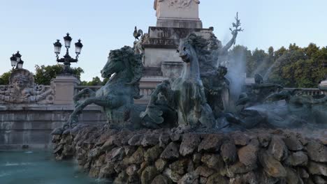 Close-up-details-of-the-fountain-of-the-Girondains-monument-in-Bordeaux-during-sunrise-with-nobody