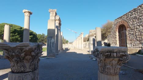 Visitor-walking-point-of-view,-ruins-of-Ephesus,-Turkey