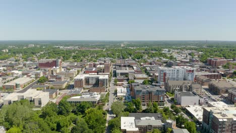 Aerial-Establishing-Shot-Above-University-Campus-in-Columbia,-Missouri-on-Summer-Day