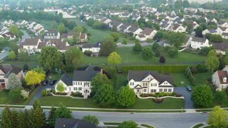 Suburban-America-neighborhood-community-during-summer-misty-morning