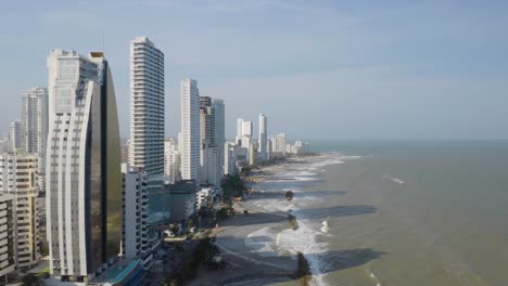 Aerial-Descending-Shot-Above-Cartagena-Public-Beaches