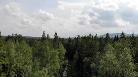 AERIAL---Pipeline-in-a-forest-in-the-Arctic-region-of-Sweden,-rising-wide-shot
