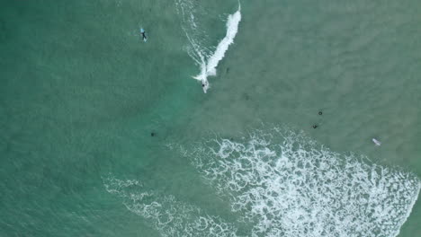 4k-Drone-Shot-De-Surfistas-Disfrutando-De-Las-Hermosas-Olas-Del-Océano-En-Byron-Bay,-Australia