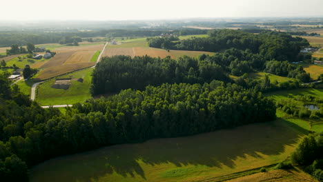 Atemberaubende-Landschaft-Mit-Dickwäldern-Und-Landwirtschaftlichem-Gelände-An-Einem-Nebligen-Morgen-In-Der-Nähe-Von-Czeczewo,-Polen