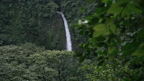 La-Fortuna-Costa-Rica-rain-forest-waterfall-from-a-distance,-leaves-foreground