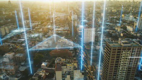 Luftaufnahme,-Die-Stadtbild-Von-Buenos-Aires-Mit-Technologie--Und-Netzwerkverbindungsleitungen-Während-Des-Sonnenuntergangs-Zeigt