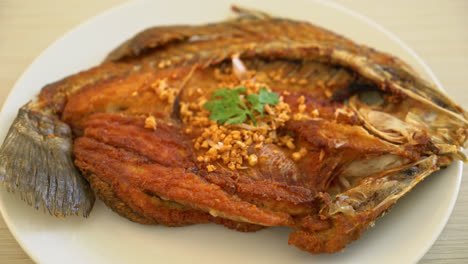 Fried-Sea-Bass-Fish-with-Garlic-on-plate