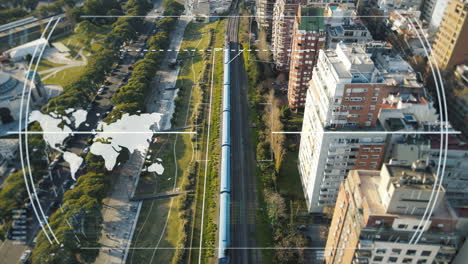Aerial-tracking-shot-of-train-passing-skyscraper-buildings-in-Buenos-Aires-during-sunset