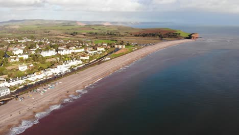Aerial-View-Of-Budleigh-Salterton-Beach-And-Town-Beside-English-Channel