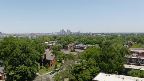Aerial-Establishing-Shot,-City-Suburb,-Saint-Louis-Skyline-in-Background
