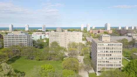 Aerial-Shot-of-Apartment-Buildings-on-Unknown-College-Campus,-Green-Park