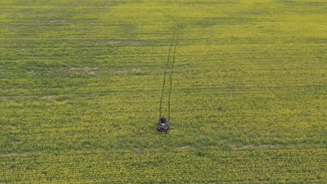Farmer-checking-mustard-fields-on-quad-bike,-Saskatchewan,-Canada,-drone-tracking-shot