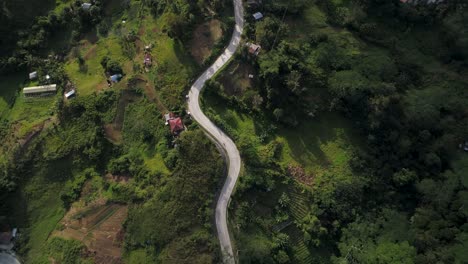 Ländliche-Tropische-Straße,-Die-Sich-Auf-Grünem-Hügel-Schlängelt,-Mantalongon-In-Cebu,-Antenne