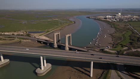 Bird's-Eye-View-Of-The-Vehicles-Traveling-On-The-Kingsferry-Bridge-And-Sheppey-Crossing-In-England