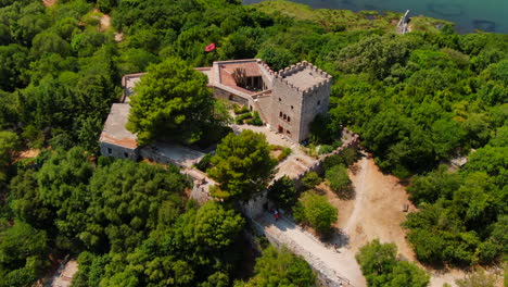 Aerial-drone-footage-of-Butrint-Castle,-Albania