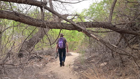 Hombre-Con-Mochila-Y-Trípode-Caminando-Por-Un-Sendero-Forestal-En-Un-Día-Soleado