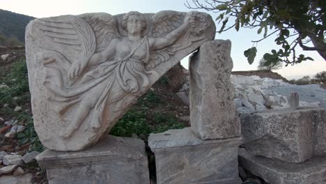 Stone-carving-of-the-goddess-Nike,-Ephesus-ancient-city,-Turkey