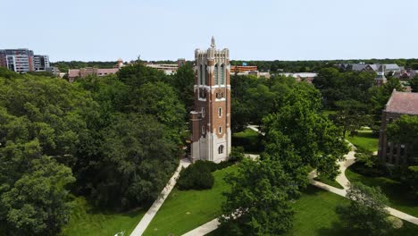 Aerial-rise-and-tilt-over-the-clock-tower-on-campus