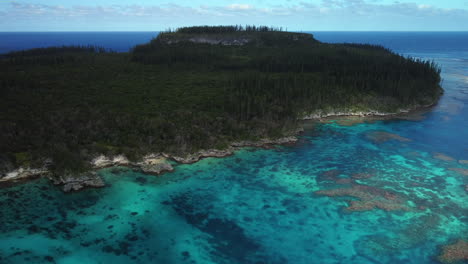 Wide-aerial-over-coral-reef-and-columnar-pine-forest-Cape-Wabao-on-Maré-Island