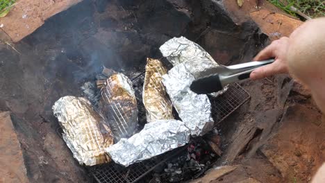 In-Folie-Gewickelter-Tilapia-Fisch-über-Heißen-Kohlen-Auf-Einem-Feuer-Kochen