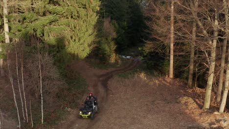 Aerial-boom-shot-of-an-ATV-rushing-across-a-forest-trail-in-the-late-afternoon