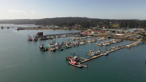 Done-view-over-boats-at-Charleston-Marina-port-of-Coos-bay-in-Oregon,-USA