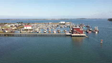 Aerial-approach-of-Charleston-Marina-port-of-Coos-bay-in-Oregon