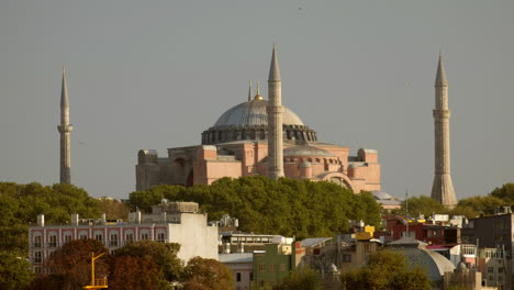 Static-golden-hour-clip-of-the-Hagia-Sophia-mosque-with-seagulls-flying-around