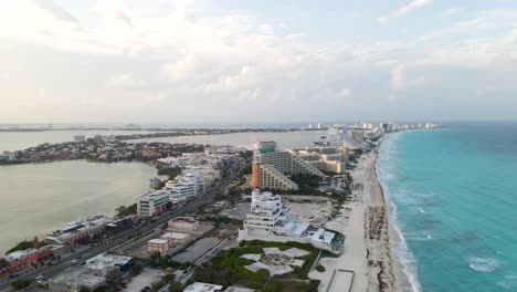 Aerial-forward-over-Cancun-bay-and-luxury-hotel-area