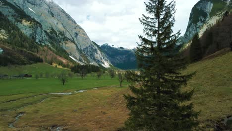 Luftdrohnenflug-Im-Malerischen-Ahornboden-Engtal-Zu-Einem-Tannenbaum-Und-Berggipfeln-In-Den-Bayerischen-österreichischen-Alpen-An-Einem-Bewölkten-Und-Sonnigen-Tag-Entlang-Von-Bäumen,-Felsen,-Wald-Und-Hügeln-In-Der-Natur