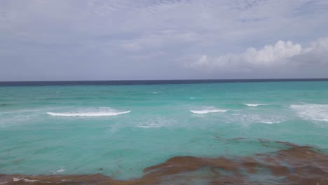 Algas-A-La-Orilla-De-La-Playa-De-Cancun-Con-Agua-Turquesa-Del-Mar-Caribe