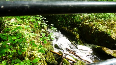 Lush-fresh-flowing-waterfall-scenic-view-between-railings-and-bright-sunny-woodland-vegetation-dolly-right
