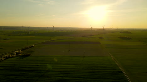 Windkraftanlagen-Drehen-Sich-Am-Horizont-Eines-Riesigen,-Wunderschönen-Goldenen-Ackerlandes-Bei-Sonnenuntergang-In-Puck-Polen