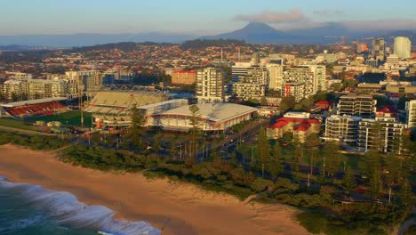 WIN-Stadium-And-Cityscape-At-The-Oceanfront-Of-Wollongong-City-Beach-In-Illawarra-Region,-NSW,-Australia