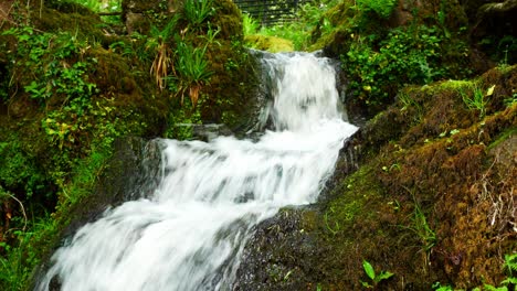Schöne-Frische-Strömende-Klare-Wasserfallkaskaden-In-Friedlicher-Grüner-Waldlaubumgebung