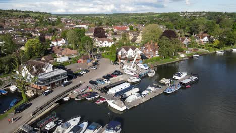 River-Thames-at-Bourne-End-boats-moored-on-waterfront-,-UK-Buckinghamshire-Aerial-footage