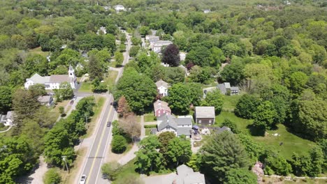 Aerial-angled-view-over-Hingham-neighborhood-while-moving-sideways-in-a-R-to-L-trucking-motion