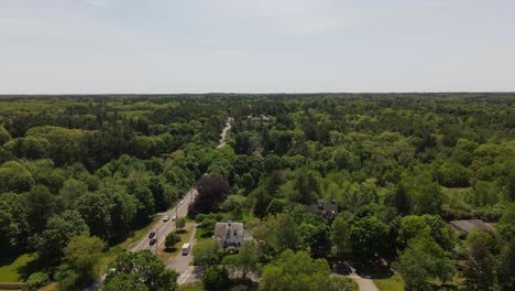 Pull-back-aerial-drone-shot-over-woodland-in-suburban-housing-estate,-America