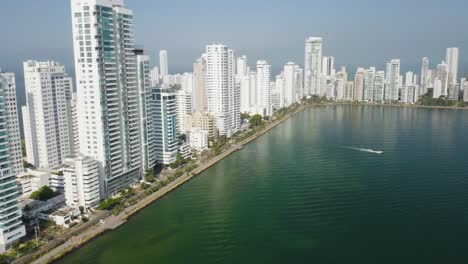 Establishing-Drone-Shot-of-Modern-Cartagena-Skyline-on-Beautiful-Summer-Day